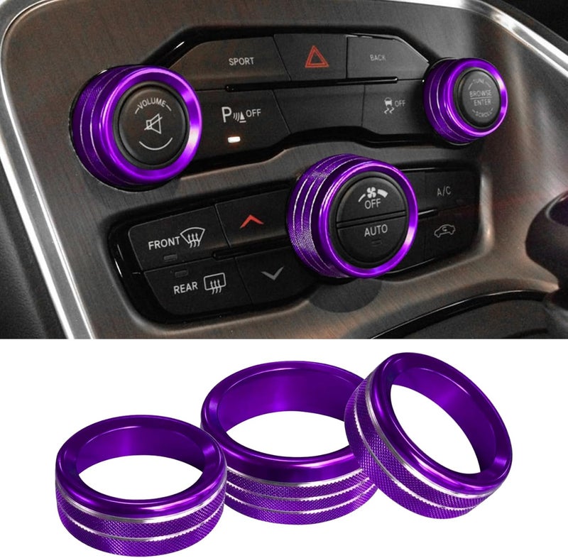 Tecledsn 3PCS Air Conditioner Switch Button Knob Cover, Aluminum Alloy Knob Ring Trim Cover, Climate Control Knob Covers, Auto Accessories Compatible with Dodge Challenger Durango 2015-2022 (Purple) - Image 1